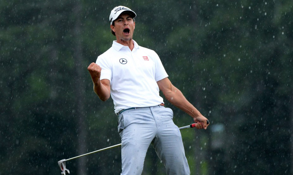 Adam Scott celebrating winning the 2013 Masters after his putt went in on the 2nd playoff hole