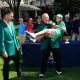 Gary Player picking up Canadian Venessa Borovilos at the 2018 Drive Chip and Putt to kickoff the Masters Tournament.