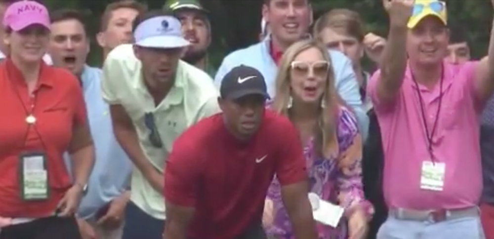 Tiger Woods almost holes out on 16 with Michael Phelps in the background